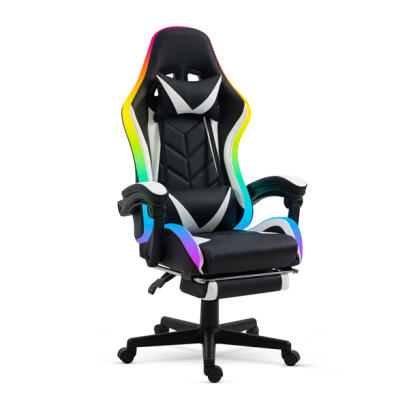 Scaun Gamer cu LED RGB - cu Perna, Cotiere - Alb/Negru